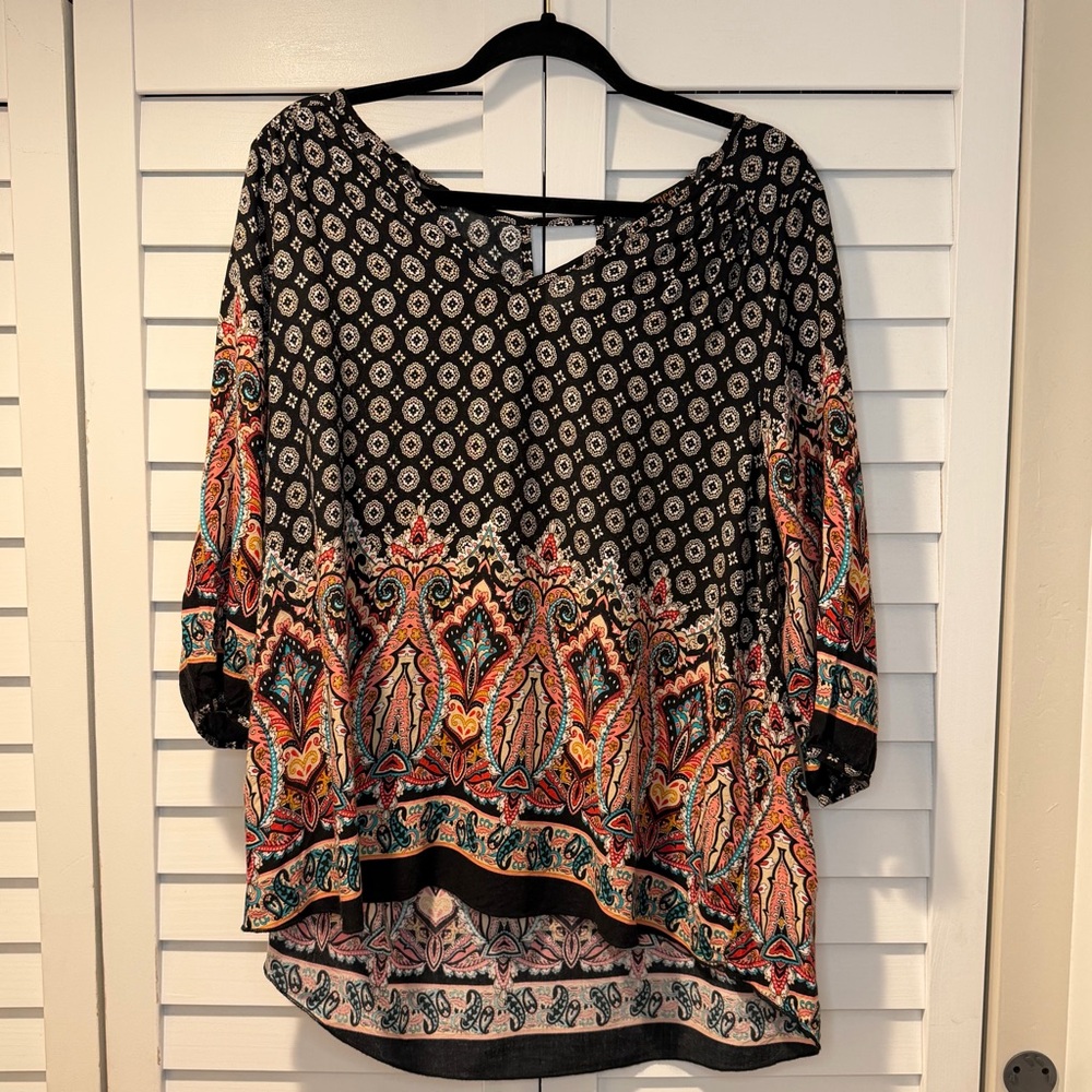 Renee C Boho Paisley Rayon 3/4 Sleeve Tunic Blouse Women's XL Made in USA